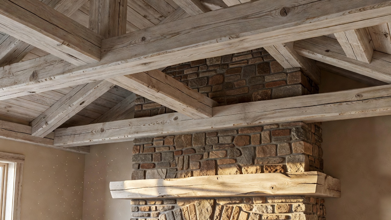 Hand-hewn white oak ceiling beams meeting a natural fieldstone fireplace in warm afternoon light