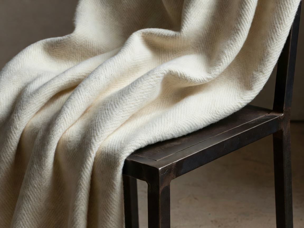 Heavy unbleached cream wool blanket with hand-woven twill lines resting on a dark iron chair